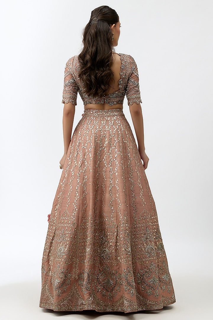 Peach Raw Silk Zardosi Embroidered Bridal Lehenga Set by Jayanti Reddy at Pernia's Pop Up Shop