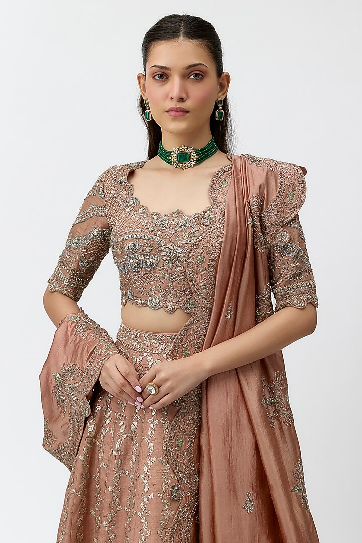Peach Raw Silk Zardosi Embroidered Bridal Lehenga Set by Jayanti Reddy at Pernia's Pop Up Shop