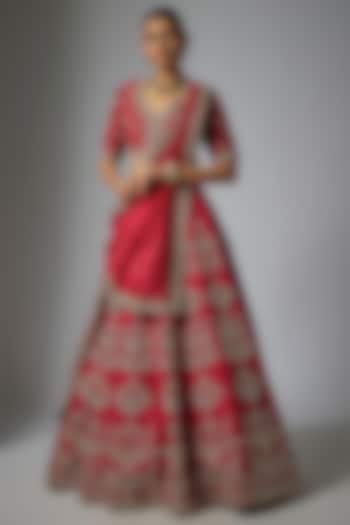 Red Raw Silk Zardosi Embroidered Bridal lehenga for 22 Lehenga Set by Jayanti Reddy at Pernia's Pop Up Shop
