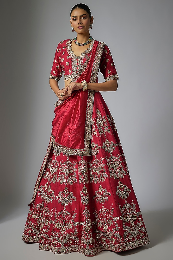 Red Raw Silk Zardosi Embroidered Bridal lehenga for 22 Lehenga Set by Jayanti Reddy at Pernia's Pop Up Shop