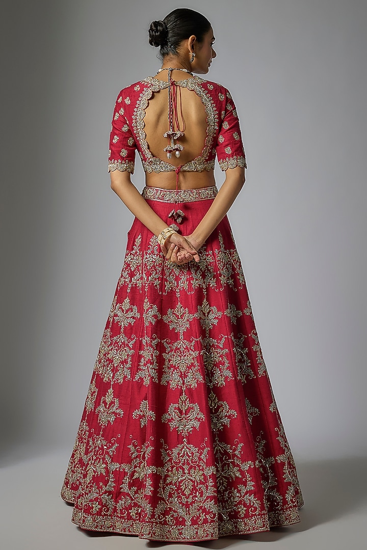 Red Raw Silk Zardosi Embroidered Bridal Lehenga Set by Jayanti Reddy at Pernia's Pop Up Shop
