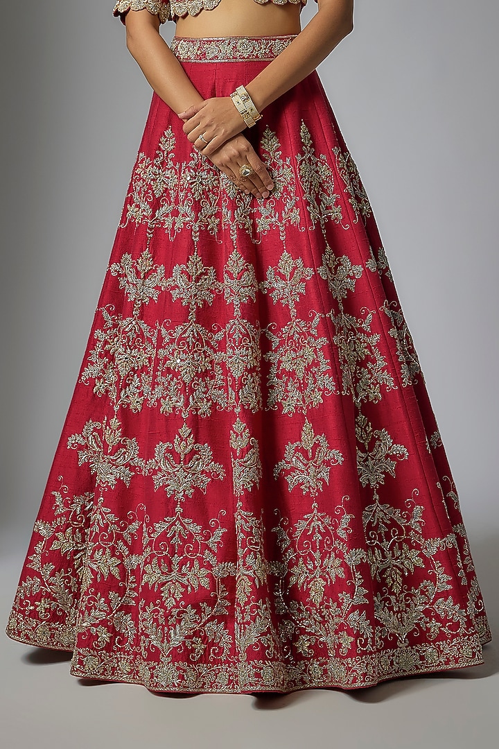 Red Raw Silk Zardosi Embroidered Bridal Lehenga Set by Jayanti Reddy at Pernia's Pop Up Shop