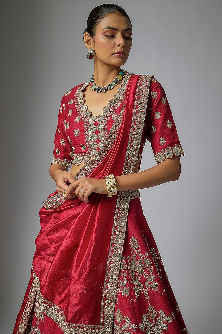 Red Raw Silk Zardosi Embroidered Bridal Lehenga Set by Jayanti Reddy at Pernia's Pop Up Shop