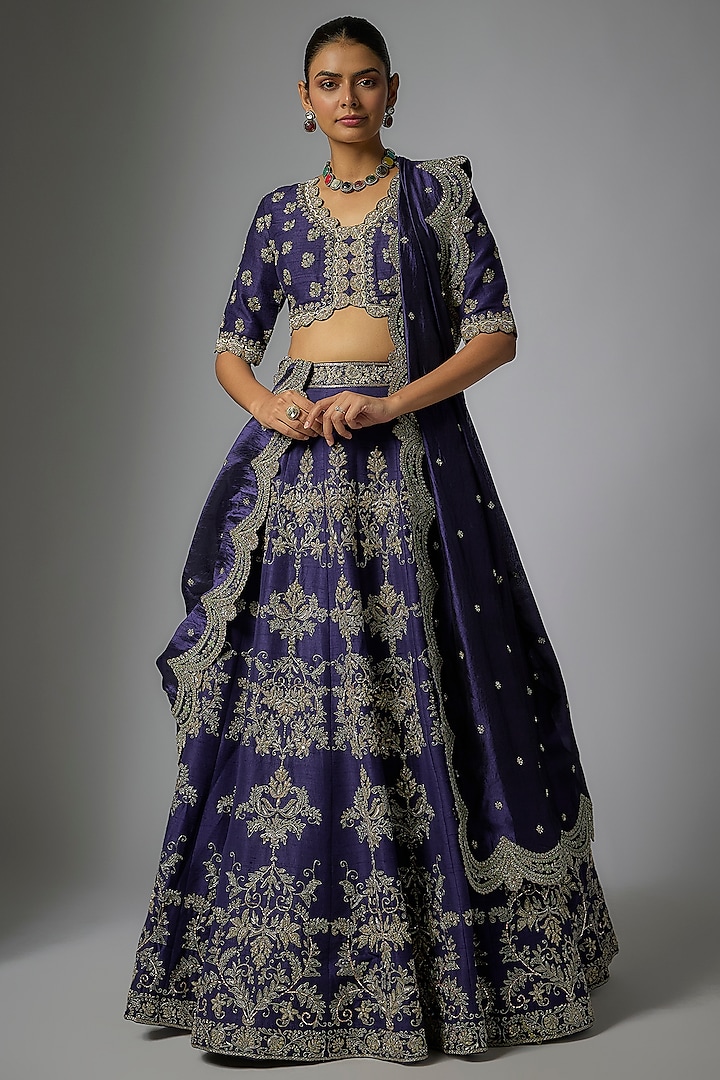 Purple Raw Silk Zardosi Embroidered Bridal lehenga for 22 Lehenga Set by Jayanti Reddy at Pernia's Pop Up Shop