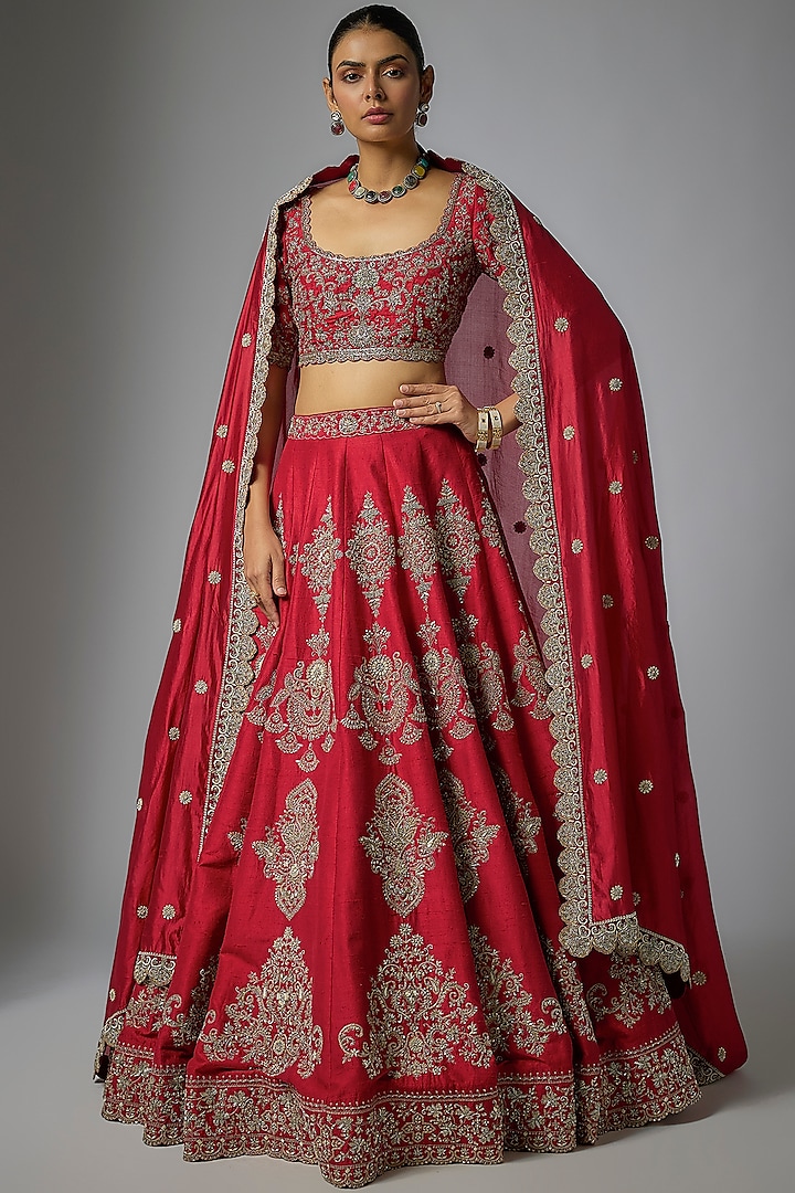 Red Raw Silk Zardosi Embroidered Bridal lehenga for 22 Lehenga Set by Jayanti Reddy at Pernia's Pop Up Shop