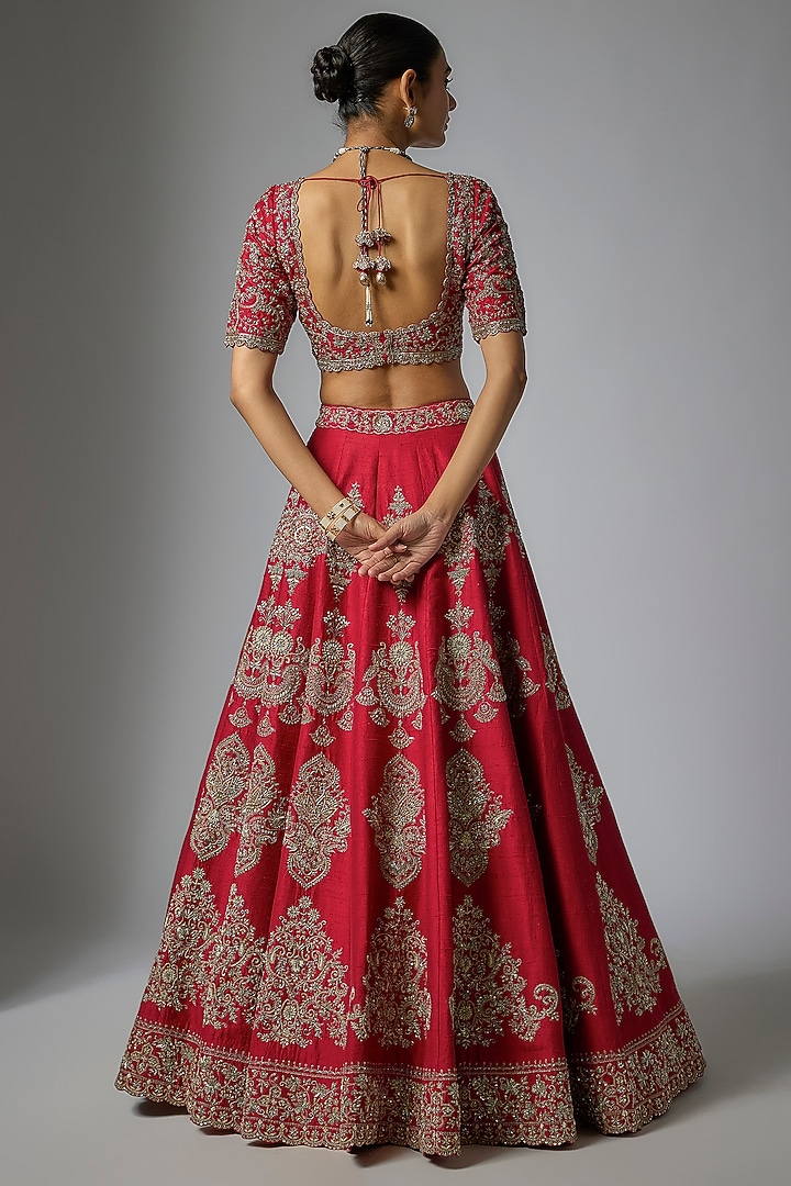 Red Raw Silk Zardosi Embroidered Bridal Lehenga Set by Jayanti Reddy at Pernia's Pop Up Shop