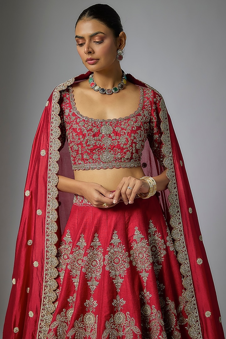 Red Raw Silk Zardosi Embroidered Bridal Lehenga Set by Jayanti Reddy at Pernia's Pop Up Shop