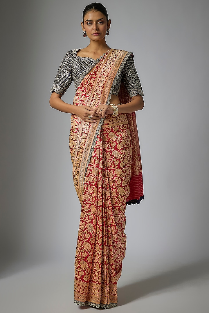 Red Banarasi Silk Zardosi Embroidered Bridal Saree Set by Jayanti Reddy at Pernia's Pop Up Shop