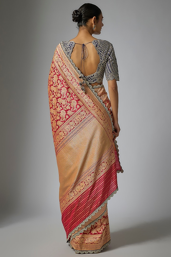 Red Banarasi Silk Zardosi Embroidered Bridal Saree Set by Jayanti Reddy at Pernia's Pop Up Shop