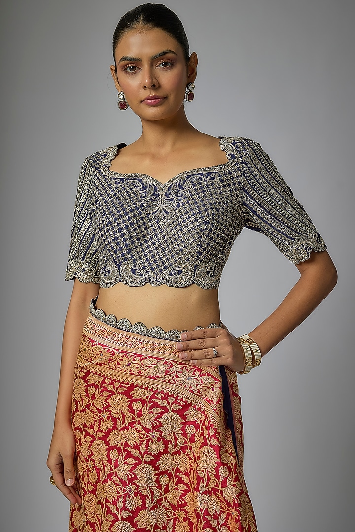 Red Banarasi Silk Zardosi Embroidered Bridal Saree Set by Jayanti Reddy at Pernia's Pop Up Shop
