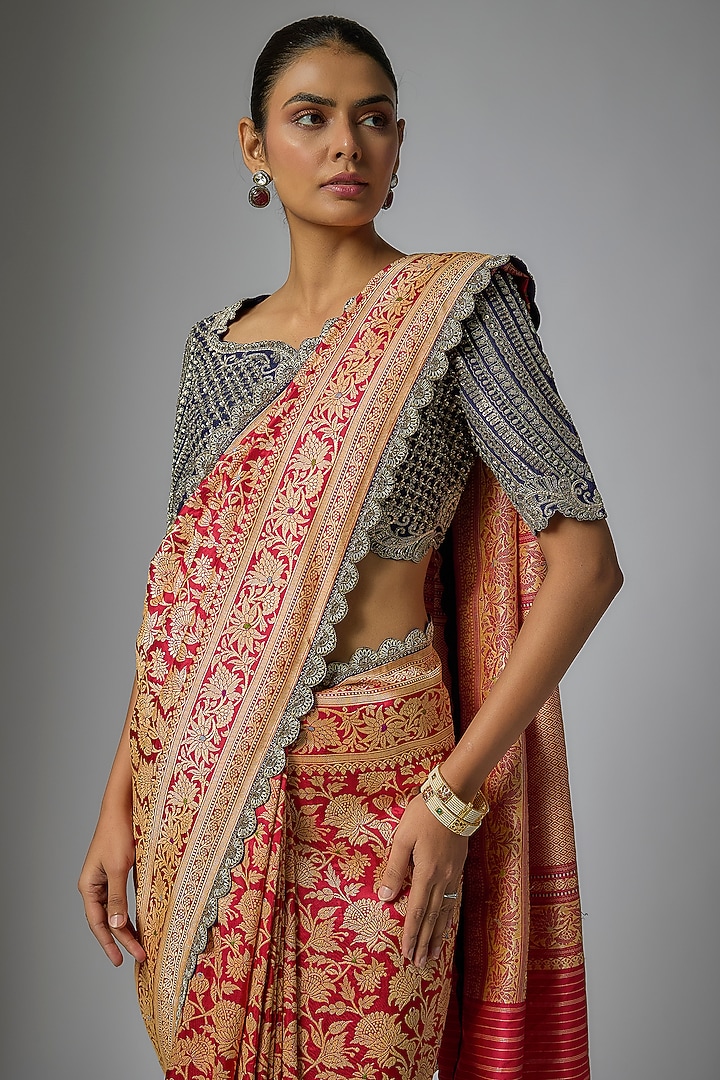 Red Banarasi Silk Zardosi Embroidered Bridal Saree Set by Jayanti Reddy at Pernia's Pop Up Shop