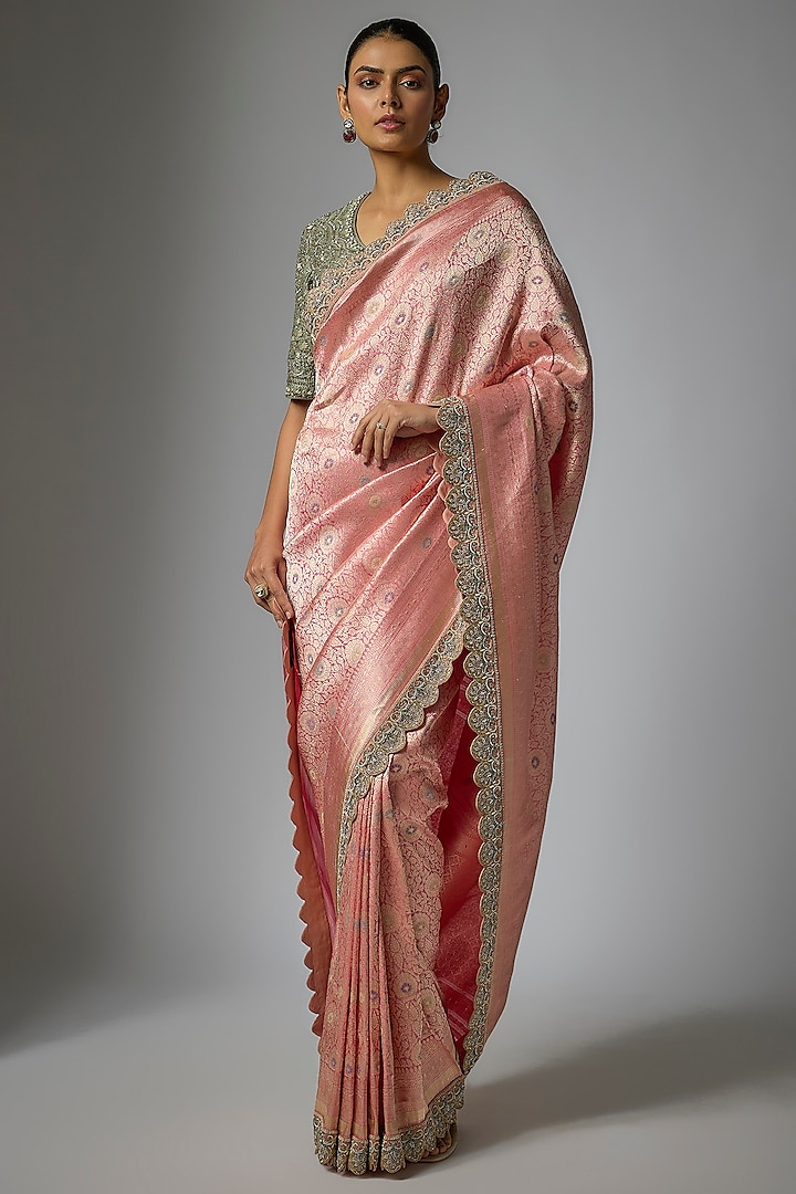 Peach Banarasi Silk Zardosi Embroidered Bridal Saree Set by Jayanti Reddy at Pernia's Pop Up Shop