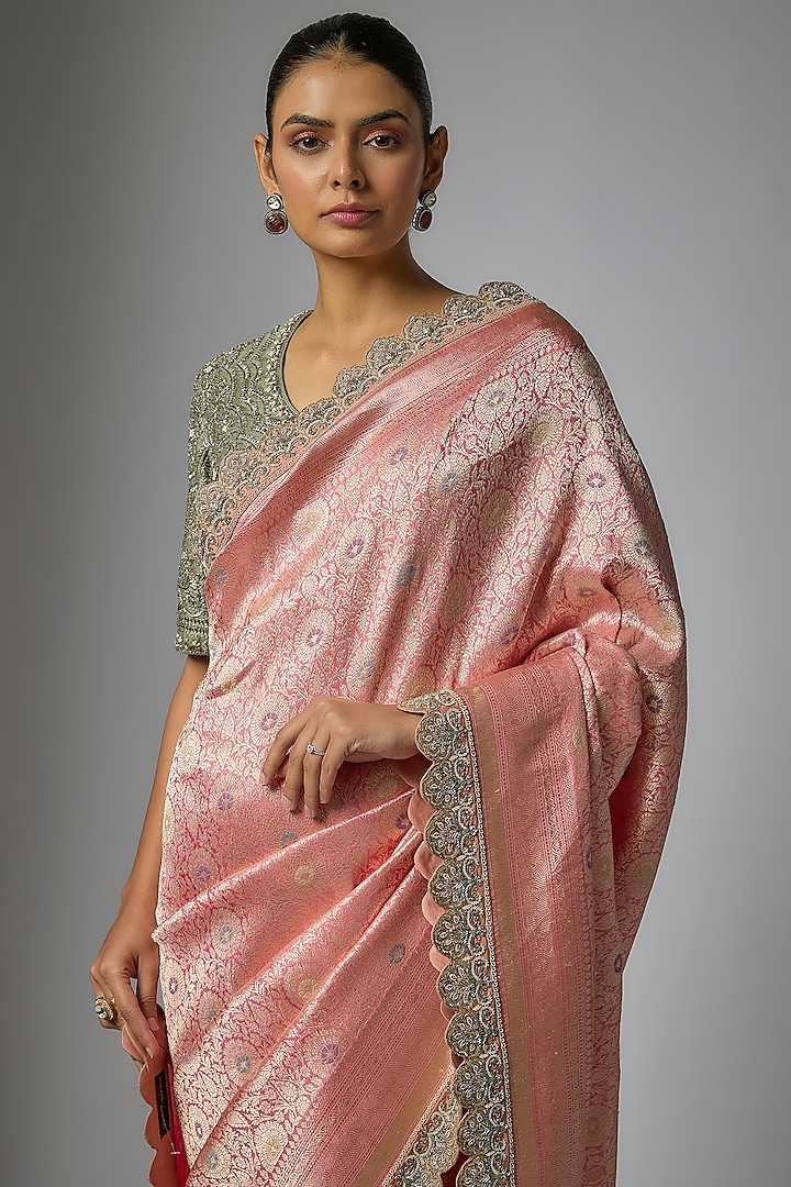 Peach Banarasi Silk Zardosi Embroidered Bridal Saree Set by Jayanti Reddy at Pernia's Pop Up Shop