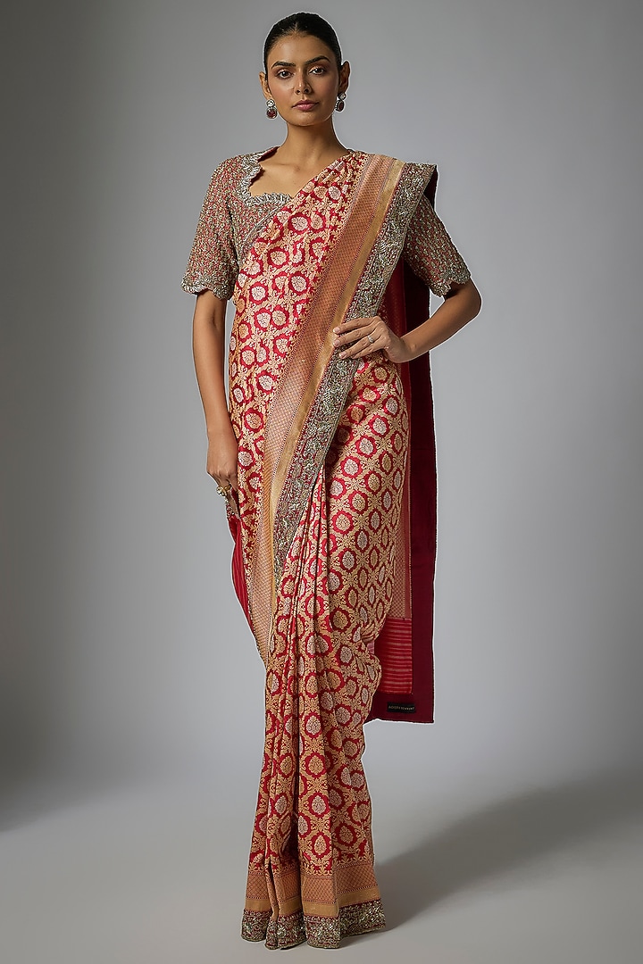 Red Banarasi Silk Zardosi Embroidered Bridal Saree Set by Jayanti Reddy at Pernia's Pop Up Shop