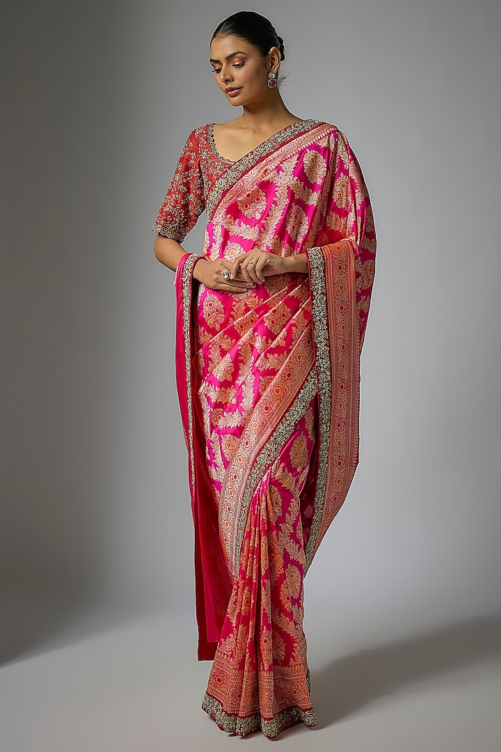 Pink Banarasi Silk Zardosi Embroidered Bridal Saree Set by Jayanti Reddy at Pernia's Pop Up Shop