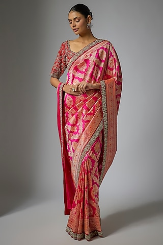 Pink Banarasi Silk Zardosi Embroidered Saree Set by Jayanti Reddy