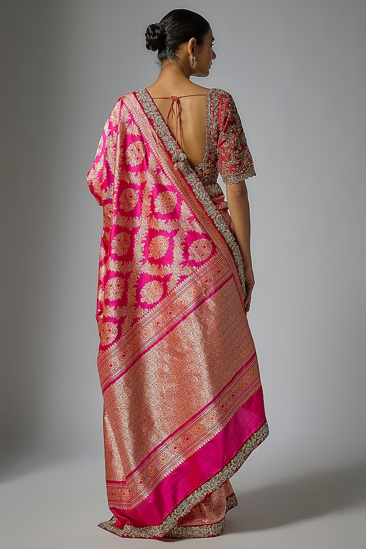 Pink Banarasi Silk Zardosi Embroidered Bridal Saree Set by Jayanti Reddy at Pernia's Pop Up Shop