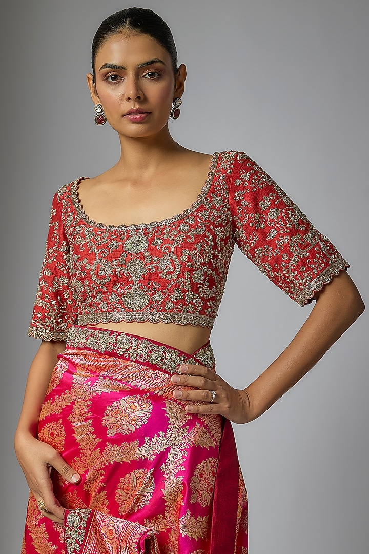 Pink Banarasi Silk Zardosi Embroidered Bridal Saree Set by Jayanti Reddy at Pernia's Pop Up Shop