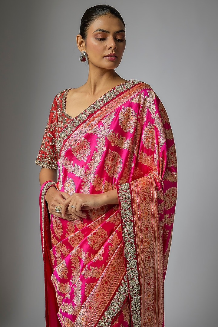 Pink Banarasi Silk Zardosi Embroidered Bridal Saree Set by Jayanti Reddy at Pernia's Pop Up Shop