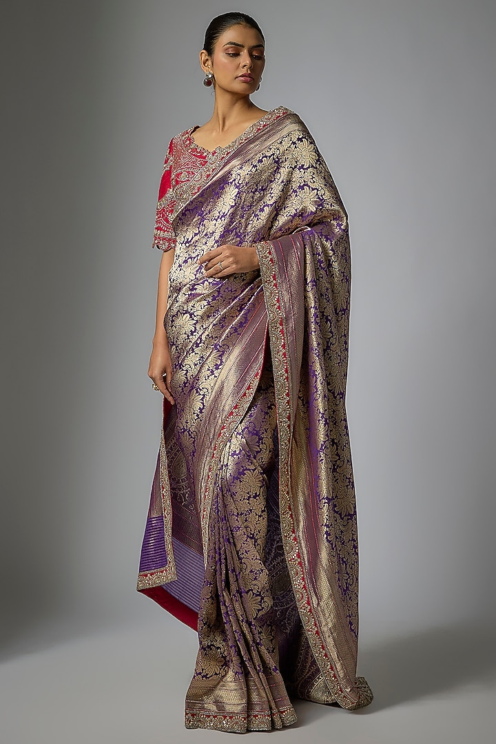 Purple Banarasi Silk Zardosi Embroidered Bridal Saree Set by Jayanti Reddy at Pernia's Pop Up Shop