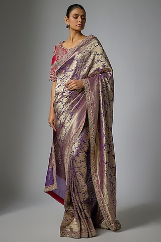 Purple Banarasi Silk Zardosi Embroidered Saree Set by Jayanti Reddy