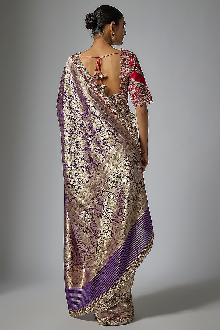 Purple Banarasi Silk Zardosi Embroidered Bridal Saree Set by Jayanti Reddy at Pernia's Pop Up Shop