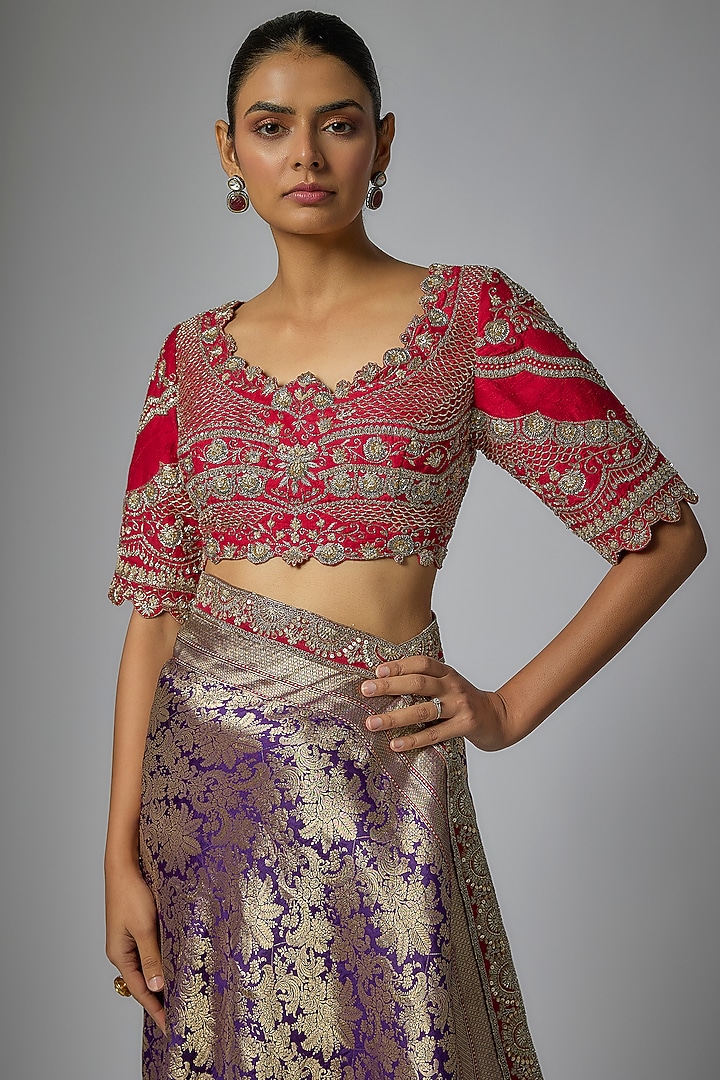 Purple Banarasi Silk Zardosi Embroidered Bridal Saree Set by Jayanti Reddy at Pernia's Pop Up Shop