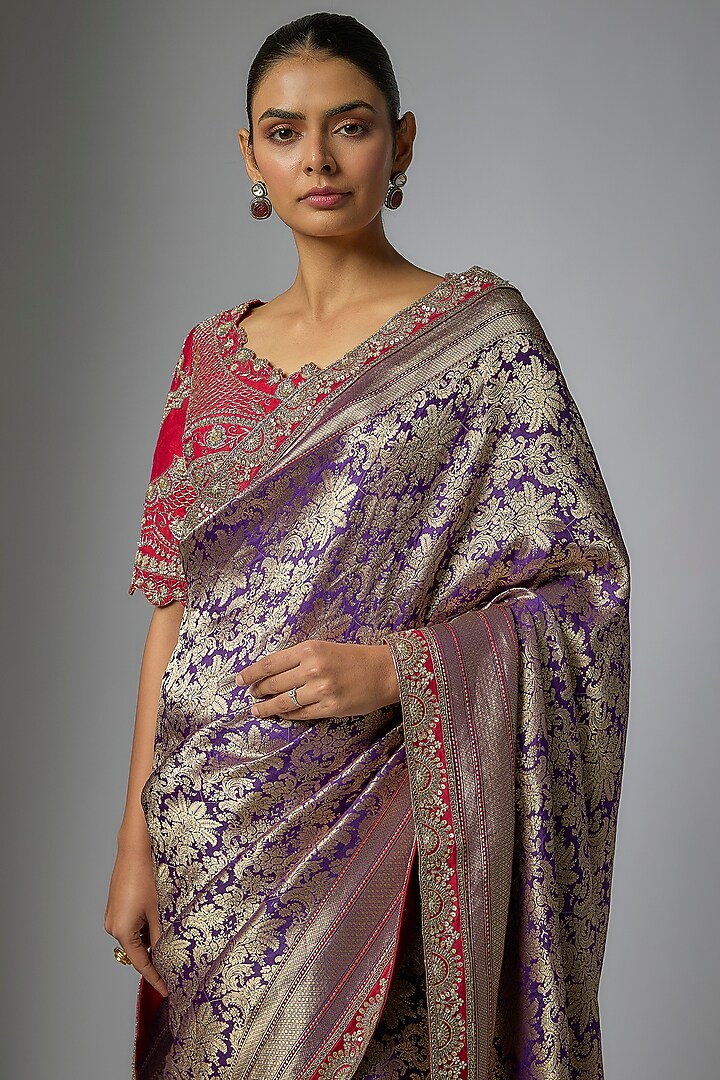 Purple Banarasi Silk Zardosi Embroidered Bridal Saree Set by Jayanti Reddy at Pernia's Pop Up Shop