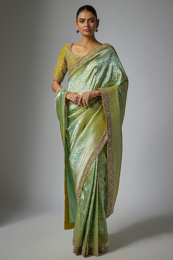 Mint Green Banarasi Silk Zardosi Embroidered Bridal Saree Set by Jayanti Reddy at Pernia's Pop Up Shop