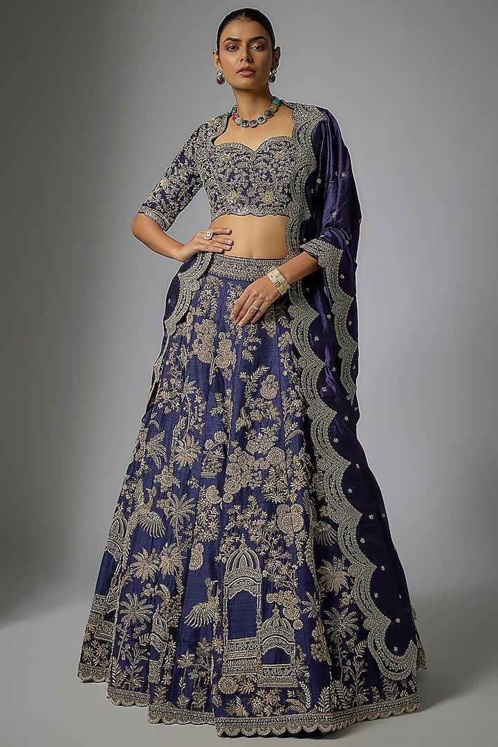 Purple Raw Silk Zardosi Embroidered Bridal lehenga for 22 Lehenga Set by Jayanti Reddy at Pernia's Pop Up Shop