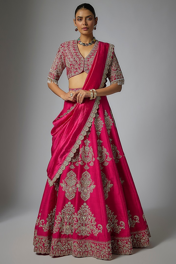 Pink Raw Silk Zardosi Embroidered Bridal lehenga for 22 Lehenga Set by Jayanti Reddy at Pernia's Pop Up Shop