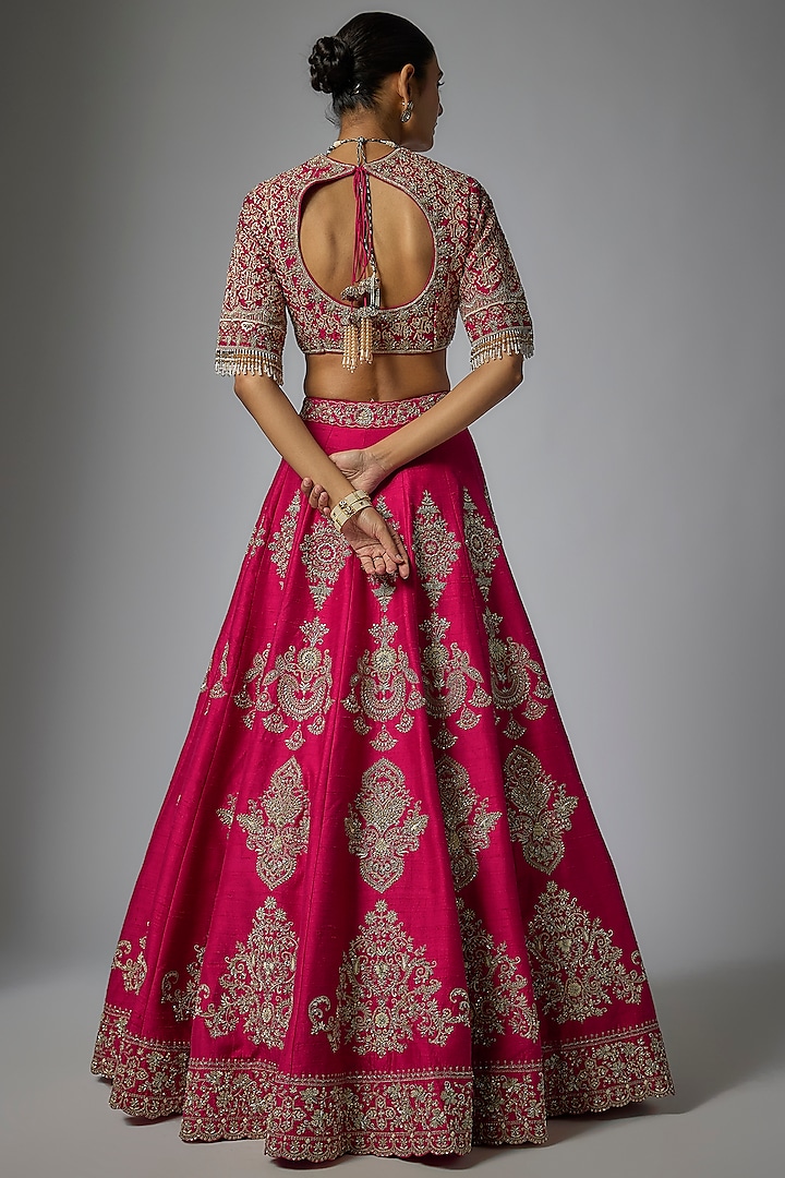 Pink Raw Silk Zardosi Embroidered Bridal Lehenga Set by Jayanti Reddy at Pernia's Pop Up Shop