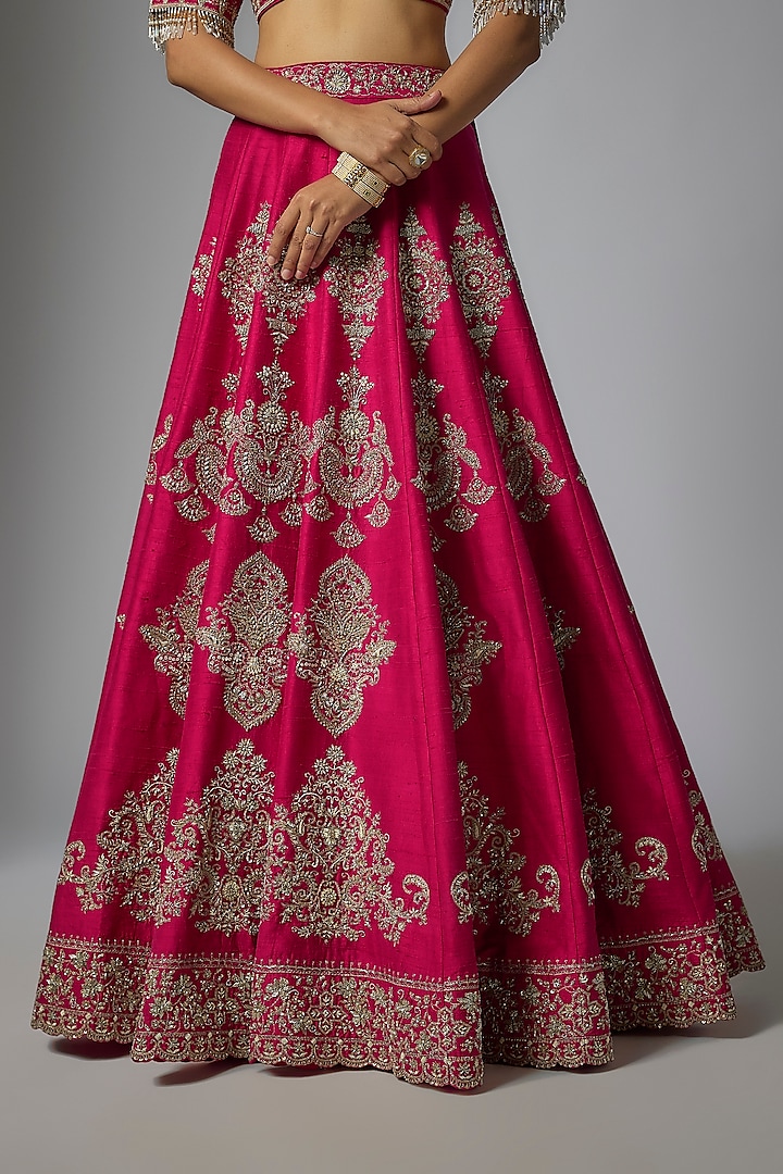 Pink Raw Silk Zardosi Embroidered Bridal Lehenga Set by Jayanti Reddy at Pernia's Pop Up Shop