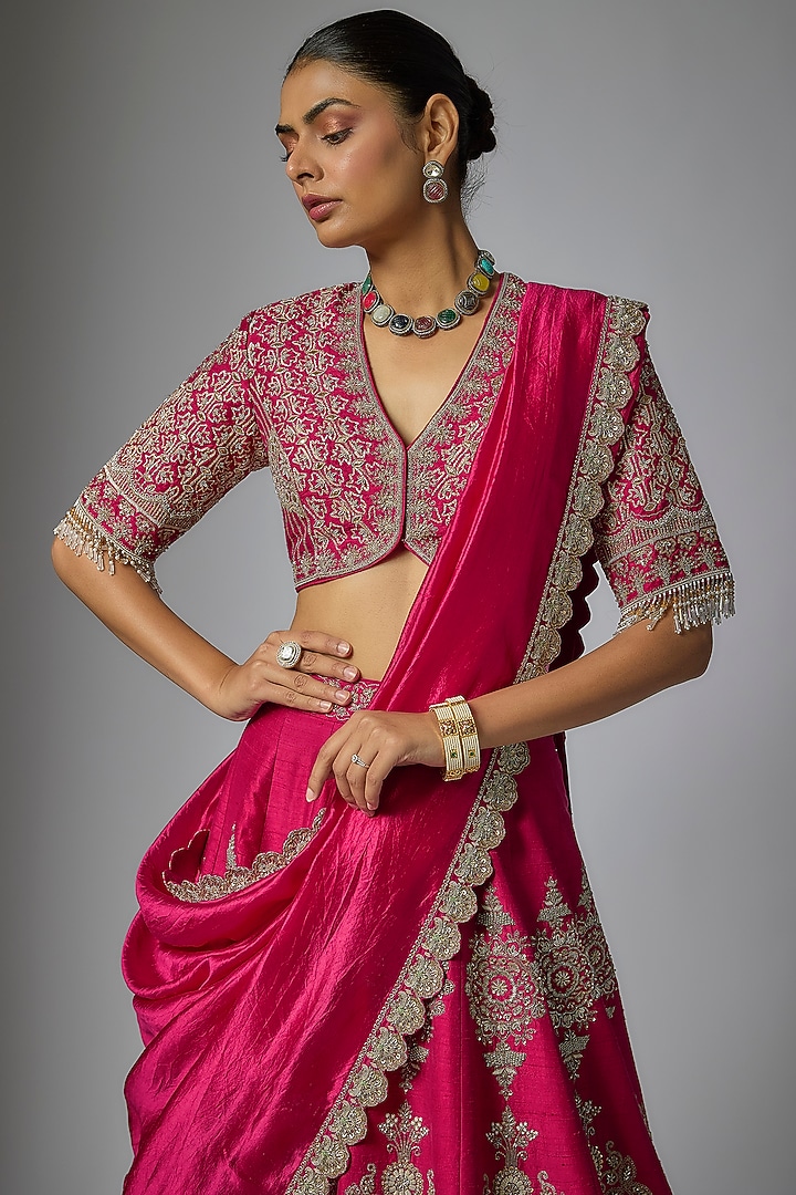 Pink Raw Silk Zardosi Embroidered Bridal Lehenga Set by Jayanti Reddy at Pernia's Pop Up Shop