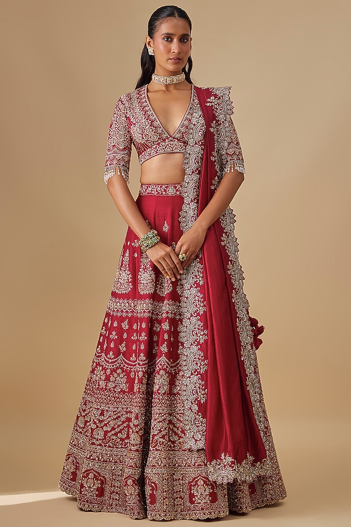 Pink Raw Silk Zardosi Embroidered Bridal Lehenga Set by Jayanti Reddy at Pernia's Pop Up Shop