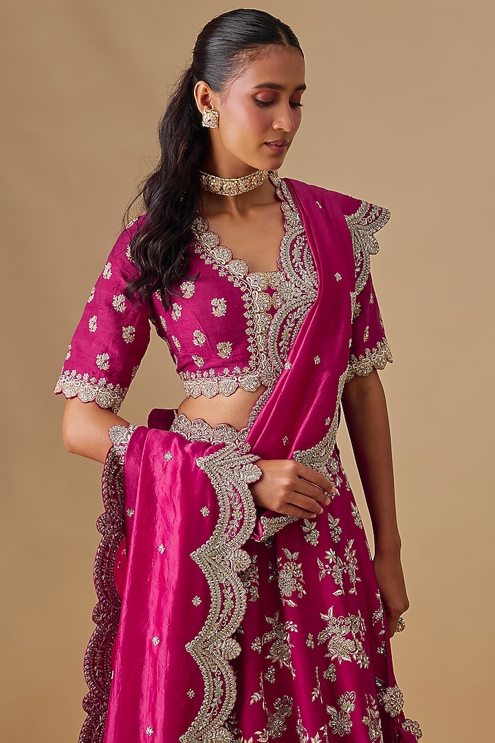 Pink Raw Silk Zardosi Embroidered Bridal Lehenga Set by Jayanti Reddy at Pernia's Pop Up Shop