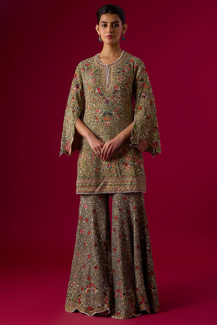 Golden Beige Georgette Sequin Embellished Bridal Sharara Set by Jayanti Reddy at Pernia's Pop Up Shop