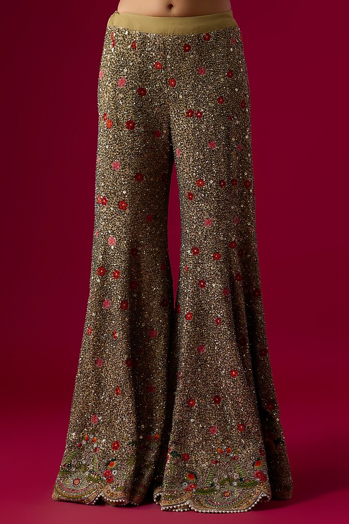 Golden Beige Georgette Sequin Embellished Bridal Sharara Set by Jayanti Reddy at Pernia's Pop Up Shop