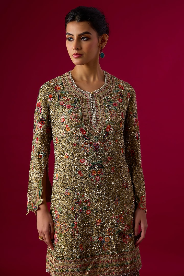 Golden Beige Georgette Sequin Embellished Bridal Sharara Set by Jayanti Reddy at Pernia's Pop Up Shop