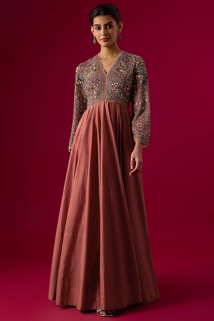 Peach Silk Sequin Embellished Wedding Anarkali by Jayanti Reddy at Pernia's Pop Up Shop