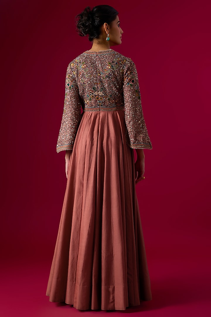 Peach Silk Sequin Embellished Wedding Anarkali by Jayanti Reddy at Pernia's Pop Up Shop