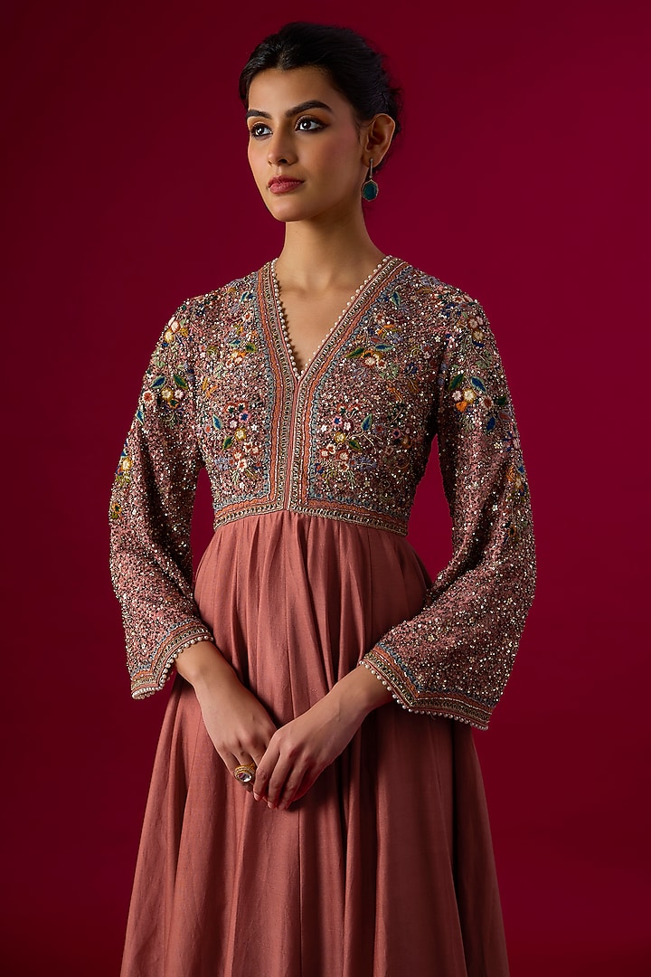 Peach Silk Sequin Embellished Wedding Anarkali by Jayanti Reddy at Pernia's Pop Up Shop