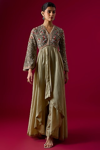Beige Silk Sequin Embellished Anarkali Set by Jayanti Reddy