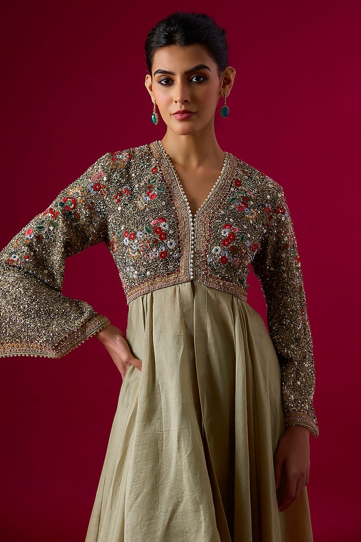 Beige Silk Sequin Embellished Wedding Anarkali Set by Jayanti Reddy at Pernia's Pop Up Shop