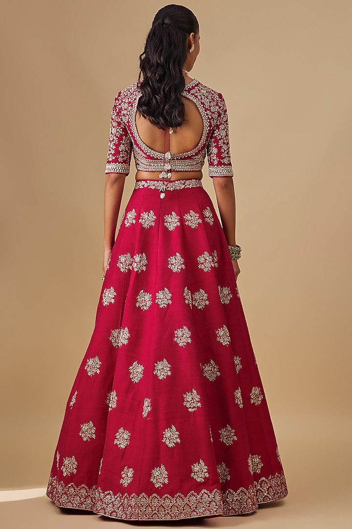Red Raw Silk Zardosi Embroidered Bridal Lehenga Set by Jayanti Reddy at Pernia's Pop Up Shop