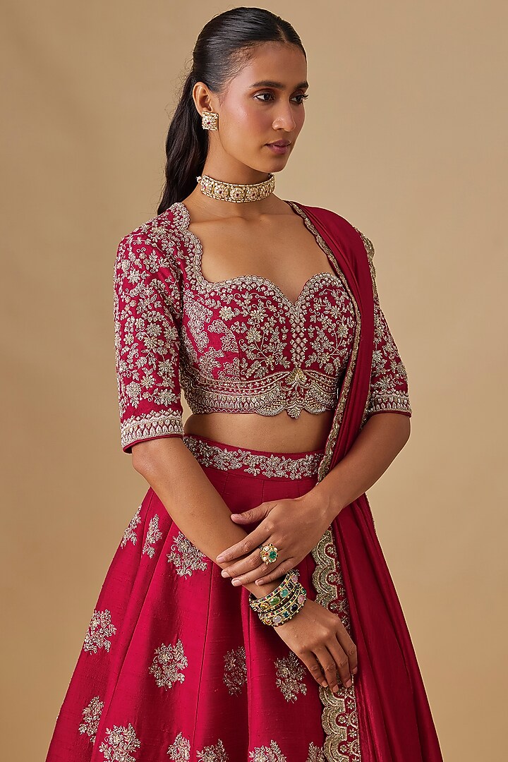 Red Raw Silk Zardosi Embroidered Bridal Lehenga Set by Jayanti Reddy at Pernia's Pop Up Shop