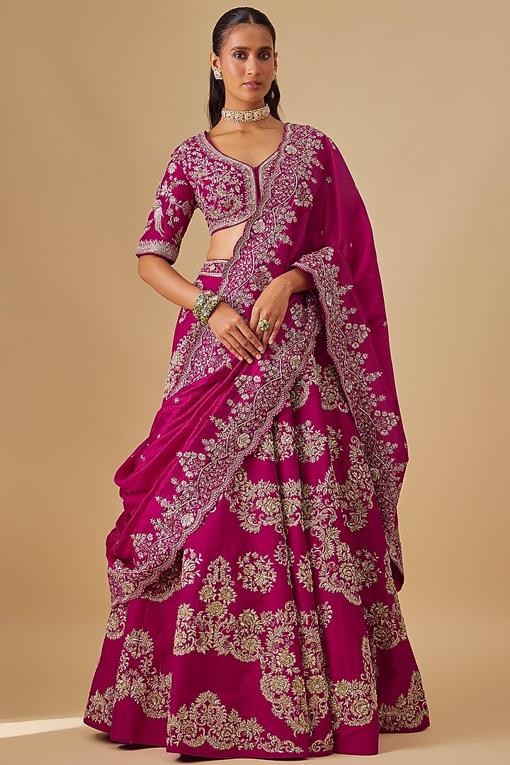Pink Raw Silk Zardosi Embroidered Bridal lehenga for 22 Lehenga Set by Jayanti Reddy at Pernia's Pop Up Shop