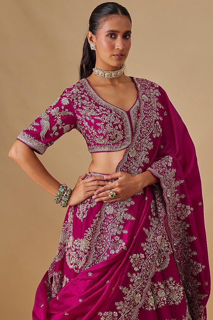 Pink Raw Silk Zardosi Embroidered Bridal Lehenga Set by Jayanti Reddy at Pernia's Pop Up Shop