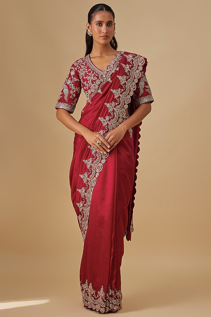 Pink Silk Zardosi Embroidered Bridal Saree Set by Jayanti Reddy at Pernia's Pop Up Shop