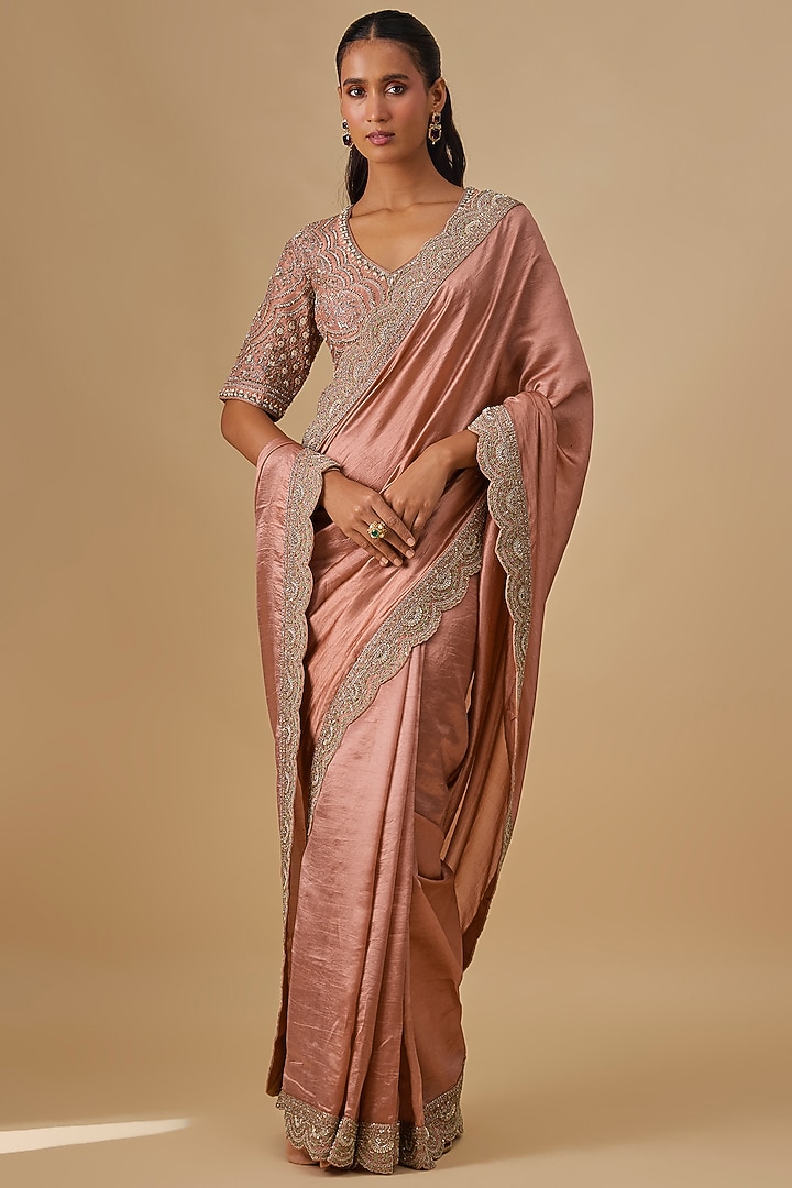 Peach Silk Zardosi Embroidered Bridal Saree Set by Jayanti Reddy at Pernia's Pop Up Shop